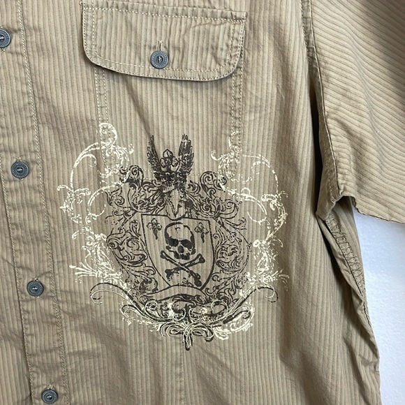 VTG GUESS Y2K Men’s Button Down Shirt Skull Graphics Print Size XXL Tan Stripes - Picture 3 of 16